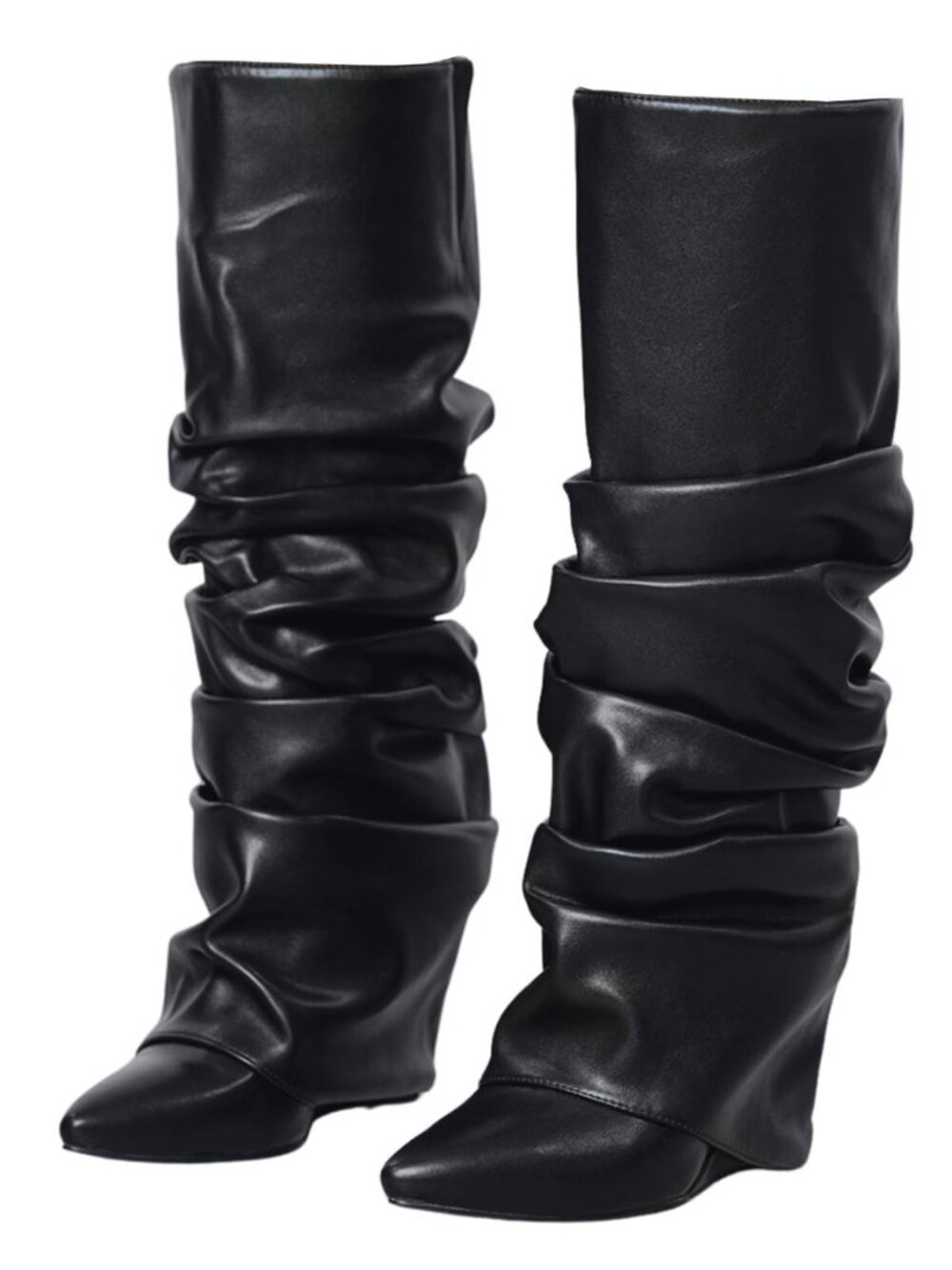 Slouched Ruched Fold Over Boots for Women Covered Wedge Heel Patent Leather Knee